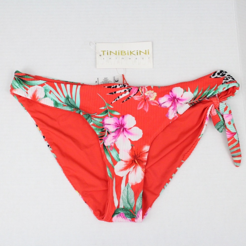TiniBikini Swimwear Swimsuit Bottoms Pink Floral Print Side Tie Size XL NWT